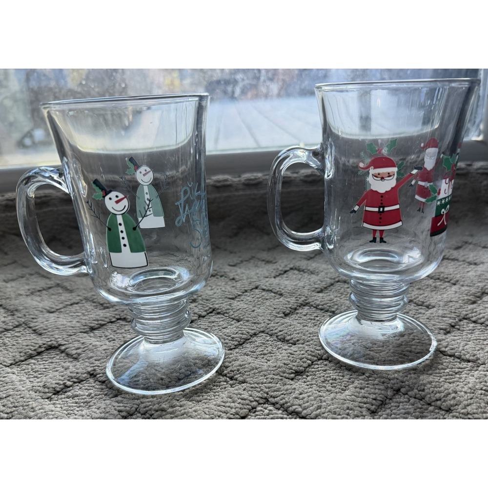 Clear Glass Irish Coffee Mug Snowman & Santa Holiday Footed Set Christmas